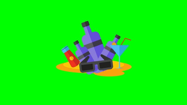 A collection of beach party items including sunglasses, drinks, and sunscreen, set on a sandy background