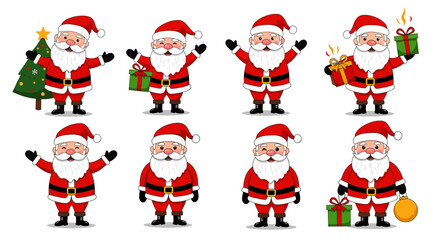 Cartoon Santa Claus Figures with Gifts and Christmas Tree
