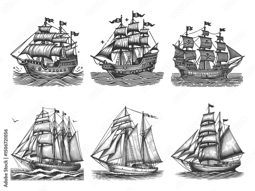 Poster sailing vessels and tall ships set collection bundle sketch engraving generative ai vector illustrat