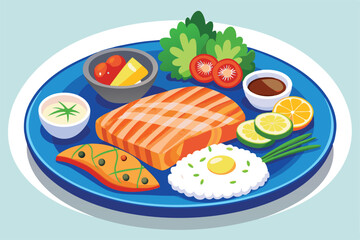 Illustration of salmon with rice, tomato, and sauces on a plate