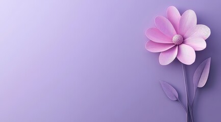 A single, stylized pale pink paper flower with two leaves sits on a solid lavender background, leaving ample copy space to the left