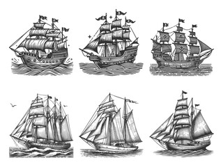 sailing vessels and tall ships Set collection bundle sketch engraving generative ai vector illustration. Scratch board imitation. Black and white image.