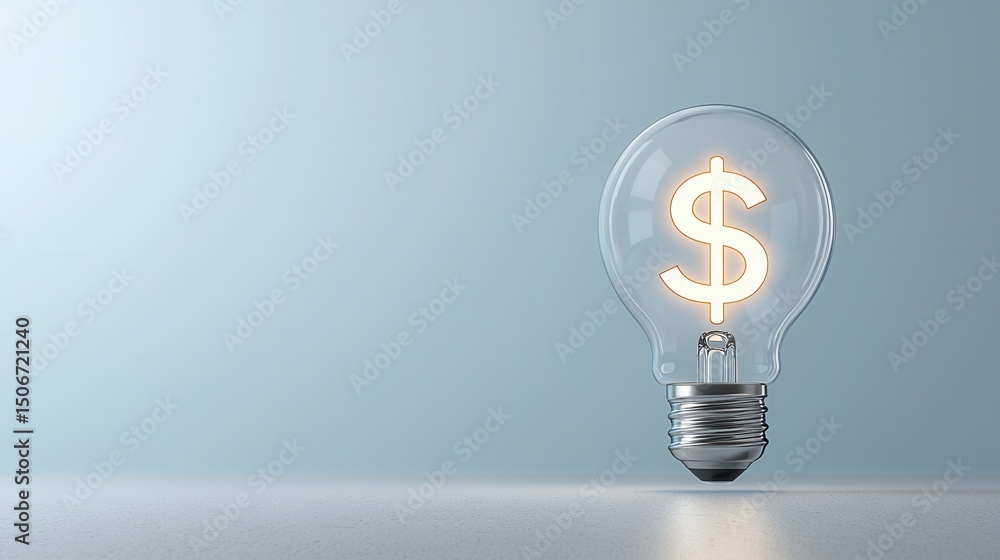 Poster this image depicts a 3d rendered lightbulb with a dollar sign symbol inside representing the financi