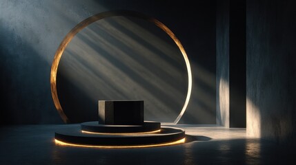 Reflective black pedestal surrounded by shadows in luxury scene 