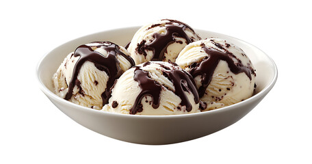 Isolated Dessert Bowl of Vanilla Ice Cream Topped with Chocolate Sauce, on Transparent Background