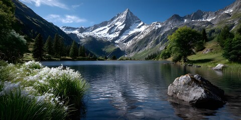 Majestic Mountain Peak Reflected in Calm Lake with White Wildflo