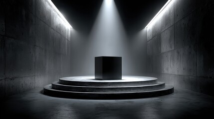 Premium obsidian-like podium in a clean black space