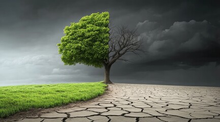 A lush green tree and barren, cracked earth meet under a stormy sky, symbolizing environmental duality
