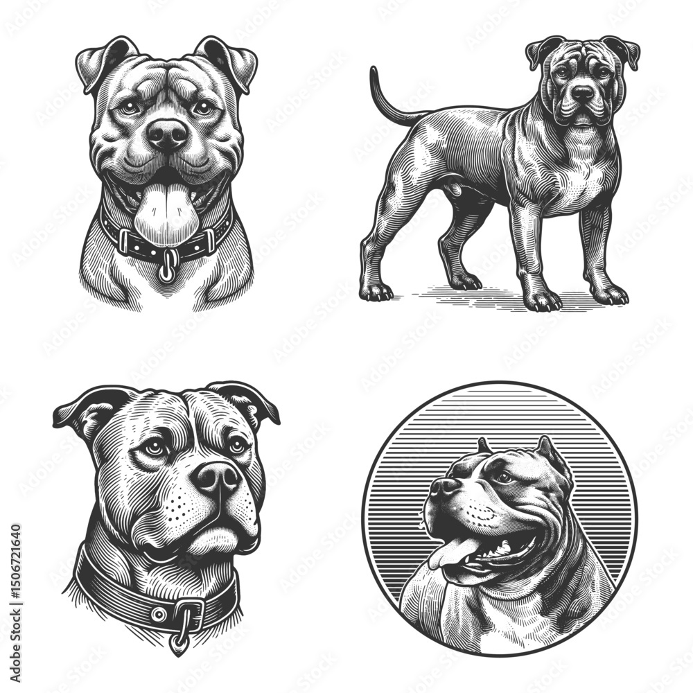 Poster pit bull dog set collection bundle sketch engraving generative ai vector illustration. scratch board