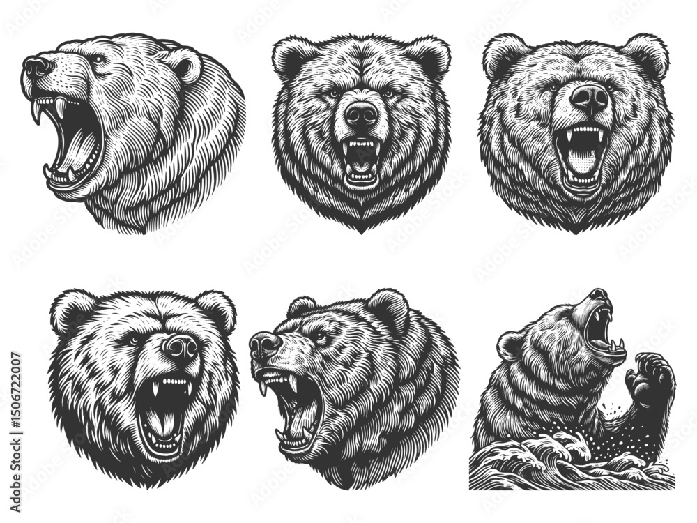Poster roaring bear set collection bundle sketch engraving generative ai vector illustration. scratch board