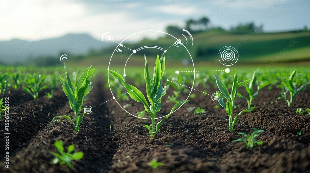 Poster a futuristic agricultural scene depicting healthy corn plants with advanced sensors and technology f
