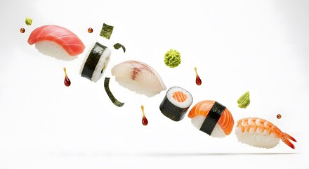 Assorted Sushi Pieces Floating with Wasabi, Ginger, and Soy Sauce