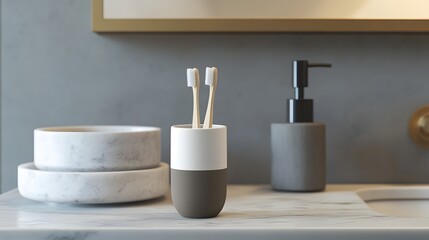 Ceramic toothbrush holder in a stylish bathroom with marble sink