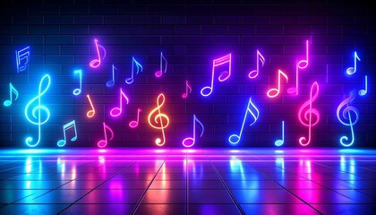 Neon music notes glowing on brick wall.