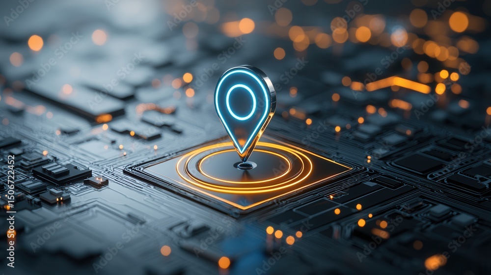 Poster this futuristic digital depicts a close up view of a glowing navigation pin symbolizing advanced loc