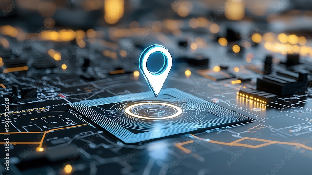 Poster a close up view of a glowing navigation pin illuminated on a futuristic digital technology map repre