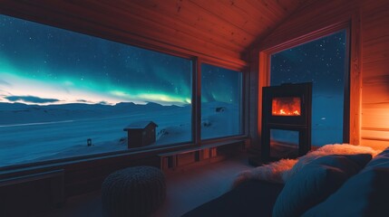 Cozy cabin with aurora borealis