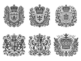 heraldic crests and royal crown symbols Set collection bundle sketch engraving generative ai vector illustration. Scratch board imitation. Black and white image.