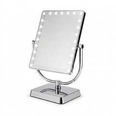 A rectangular makeup mirror with LED lighting on a chrome stand,
