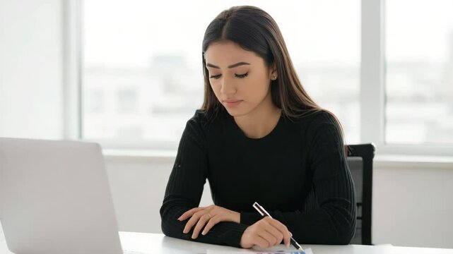 Focused woman leaning at desk in modern office setting	
