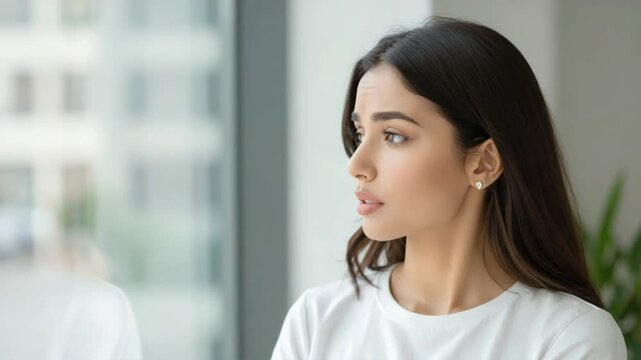 Young woman looking away with uncertain expression indoors	