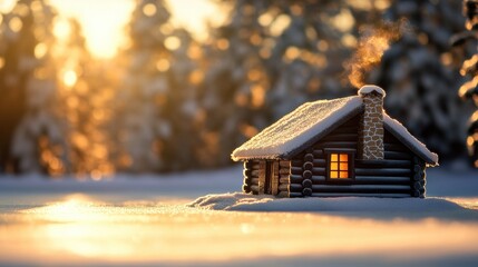 Golden hour snow-covered log cabin with glowing chimney smoke and pine shadows across frozen lake, artistic miniature effect for holiday branding or travel blogs.
