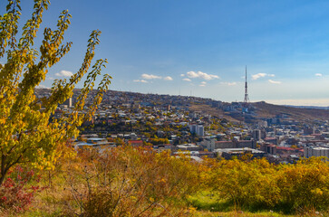 Naklejka na ściany i meble Yerevan TV tower and Nork hill in autumn scenic view from Victory Park