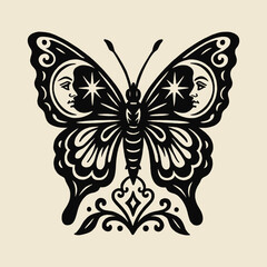 Butterfly with moon faces engraving style vector illustration