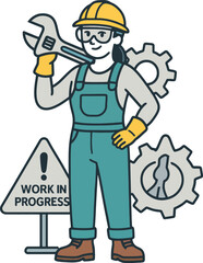 Construction Worker Vector Illustration with Work in Progress Sign.