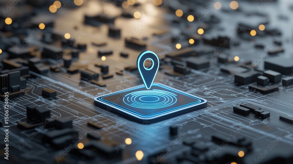 Poster a futuristic and vibrant digital landscape featuring a glowing blue location pin symbolizing advance
