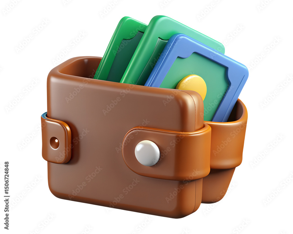 Poster brown wallet overflowing with green and blue currency 3d rendering icon on transparent background