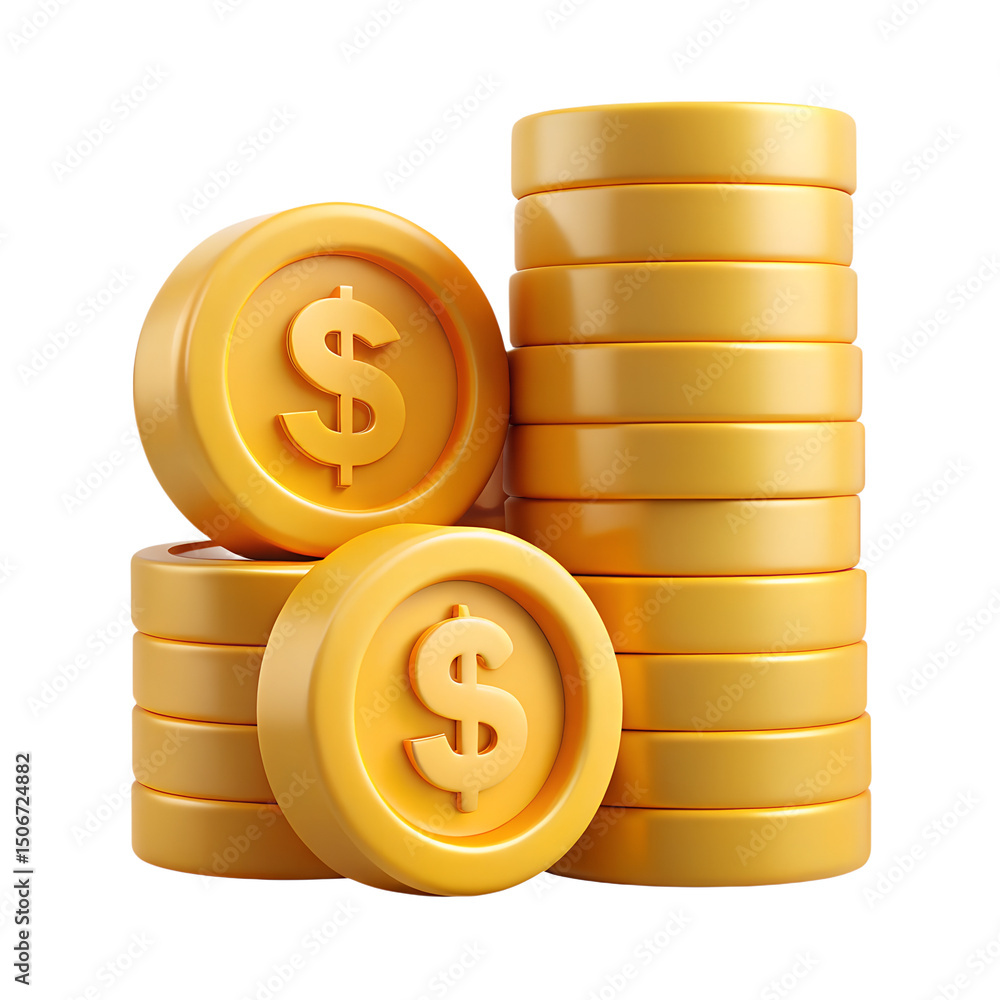 Poster stacks of golden coins with dollar sign 3d rendering icon on transparent background represents wealt