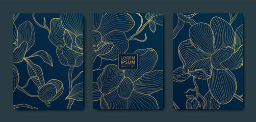 Vector set of Japanese line gold flowers, cherry blossom, sakura and leaves fantasy floral covers. Modern art chinese illustrations © marylia17