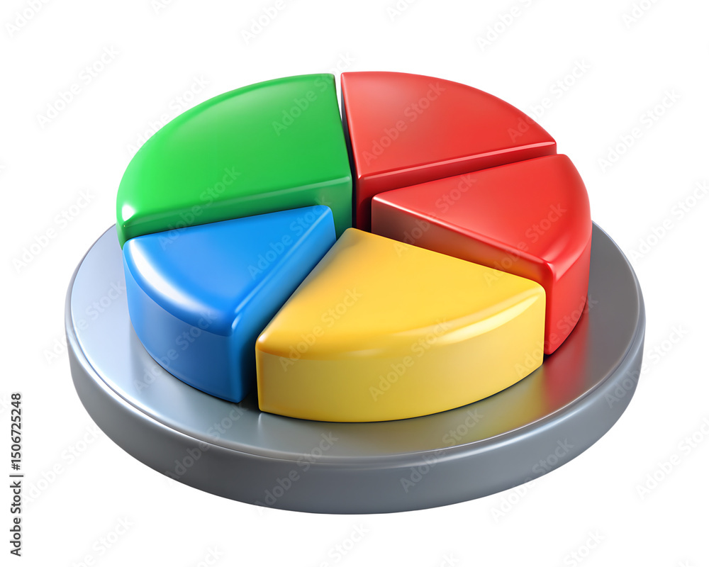 Poster glossy 3d pie chart with four colorful sections financial data visualization 3d rendering icon on tr
