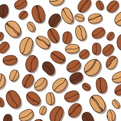 Coffee beans in various shades scattered across a white background