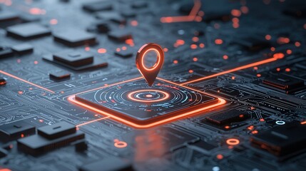 A detailed futuristic close up view of a navigation interface featuring a glowing location icon and various digital elements suggesting advanced technological capabilities and innovation