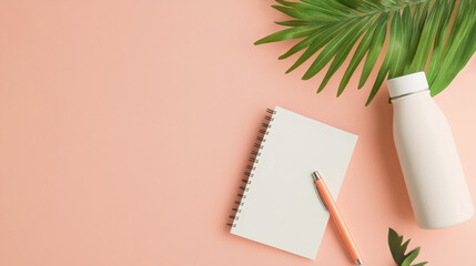 Refreshing daily hydration for overall health and wellness. Healthy nutrition supports recovery efforts. Water in bottle and notebook create calm routine promoting well being