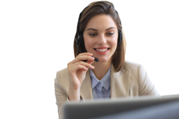 Woman customer support operator with headset and smiling on a transparent background