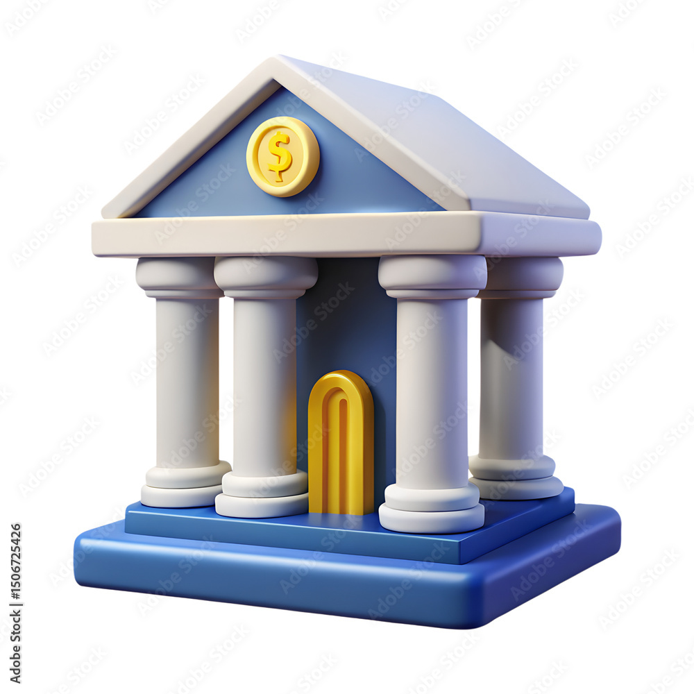 Poster stylized cartoon bank building 3d rendering icon on transparent background featuring columns and dol
