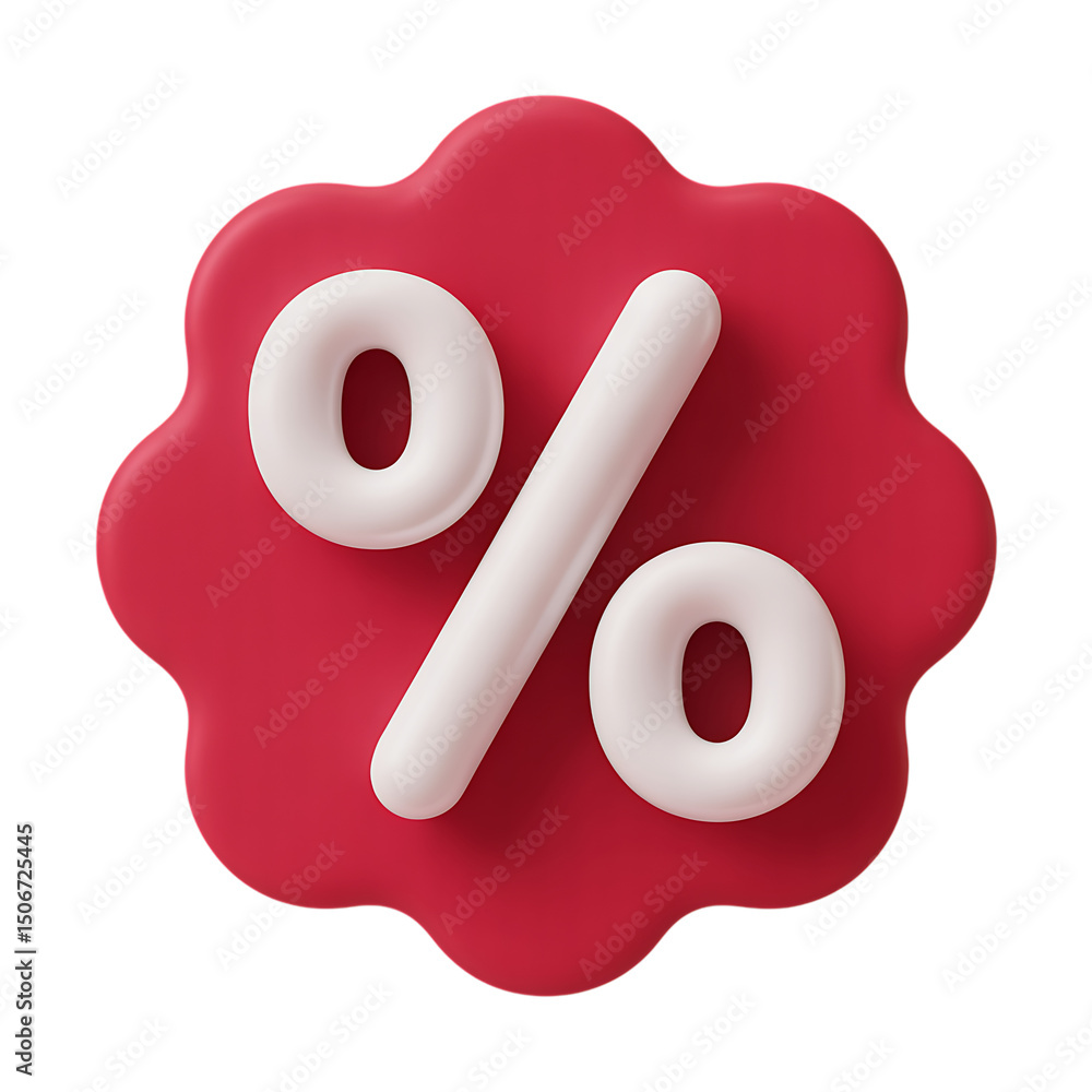 Fototapete 3d render of red percentage sign on irregular shape badge isolated on transparent background