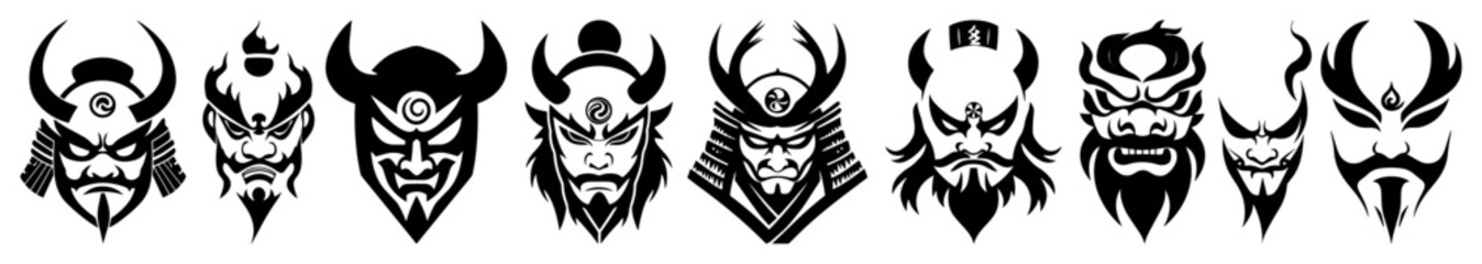 samurai mask heads set black clipart illustration