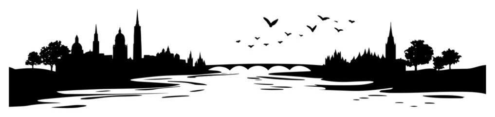 Fototapeta premium city with river and bridge black shape graphic