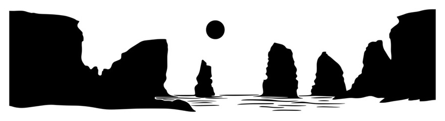 rock formations in sea at sunset black and white clipart illustration