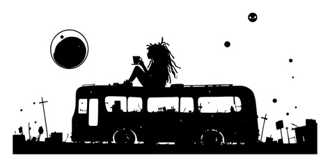 Fototapeta premium hippie girl with dreads on bus creative vector representation