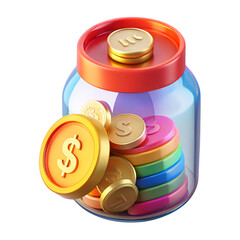 Financial savings concept with jar full of gold coins and stacked colorful coins 3d rendering icon on transparent background