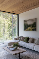 Fototapeta premium Modern living room overlooking lush forest with wooden ceiling