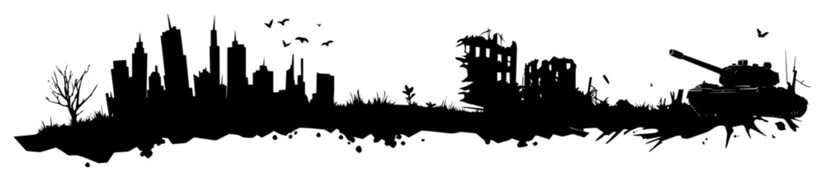 war zone ruins with tank dark profile graphic