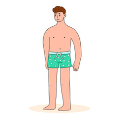 Fototapeta premium Happy Man Beachgoer in swimming trunks. Male Character Beach. Time summer. Color hand drawing. Vector illustration.