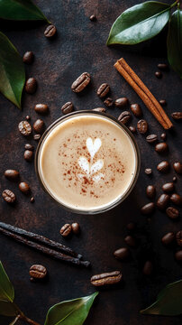 Coffee drink in glass cup decorated with heart shaped foam pattern surrounded by coffee beans, cinnamon sticks and green leaves on dark background. Top view. 