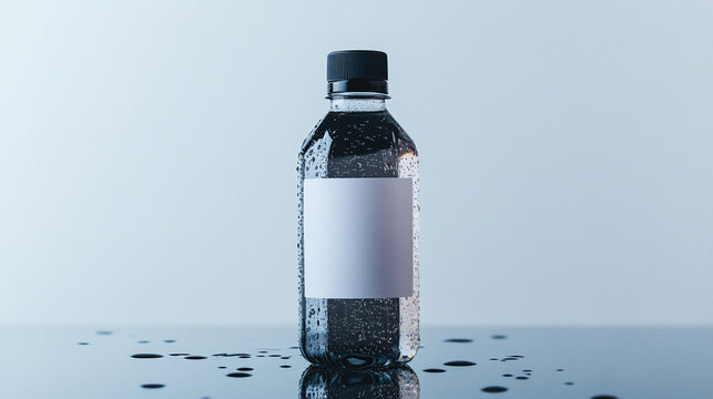 Transparent water bottle with blank label on neutral background. Ideal for product mockup or branding purposes. Copy space. 